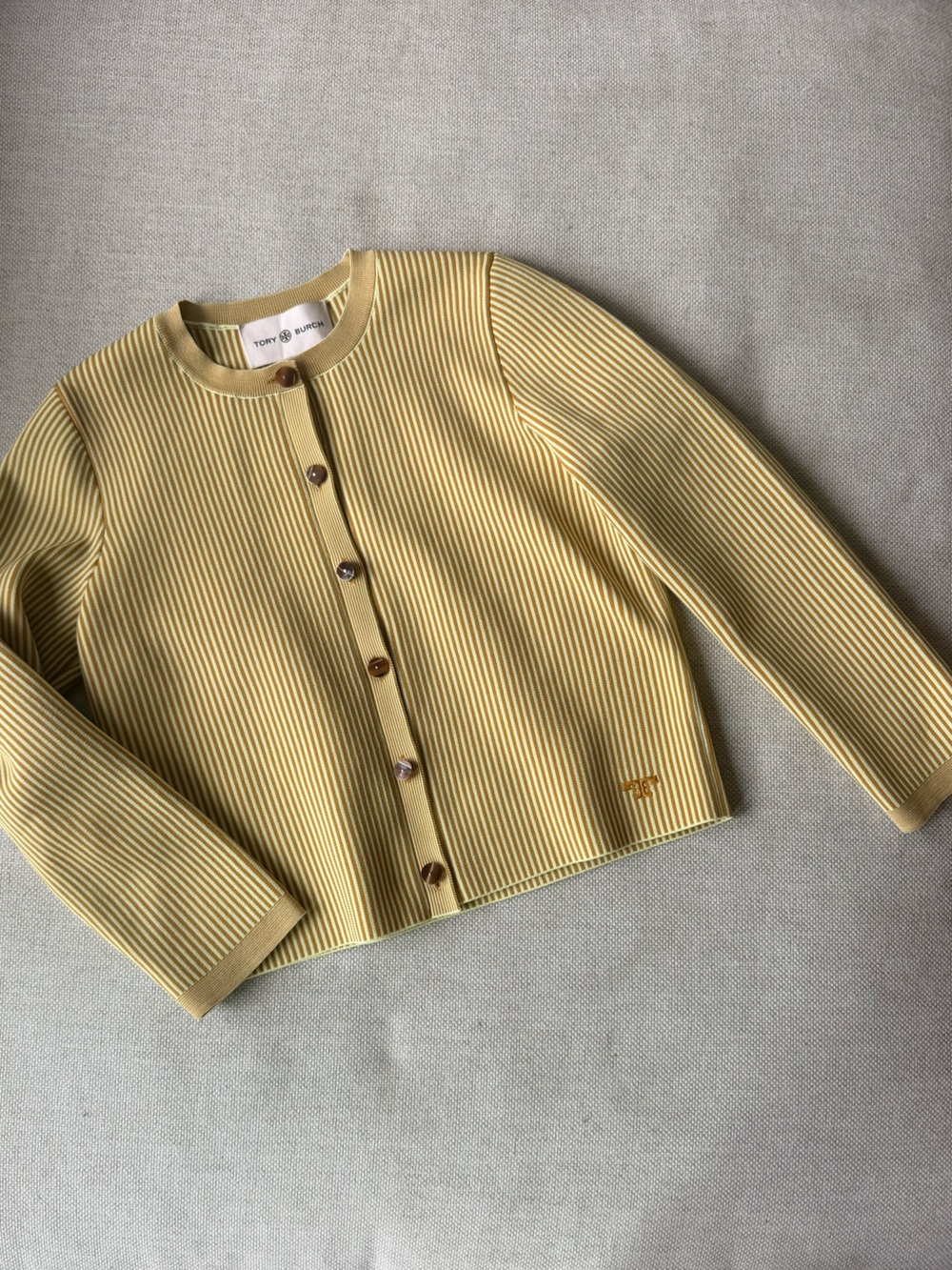 Tory Burch Yellow Striped Ribbed Button-Front Cardigan - Picture 2 of 4